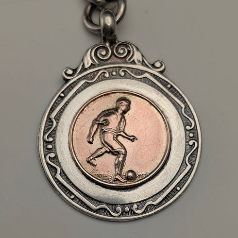 1895 British Antique Sterling Silver Albert Chain, 64g, Sterling Silver Soccer Medal Fob